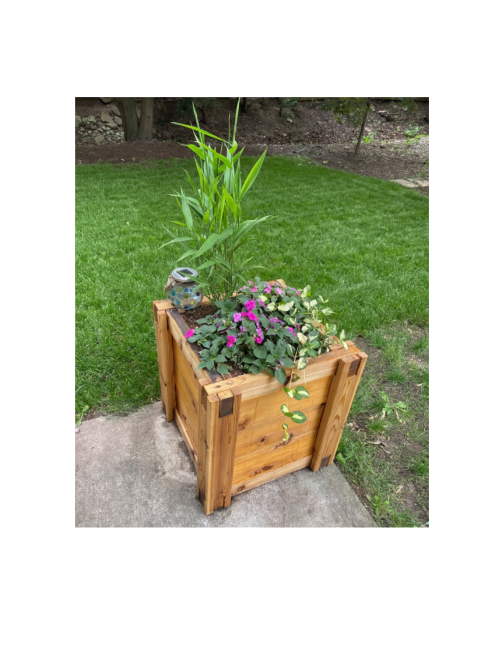 A square wooden planter box filled with green plants and purple flowers, placed outdoors on a concrete path with a grassy lawn in the background.